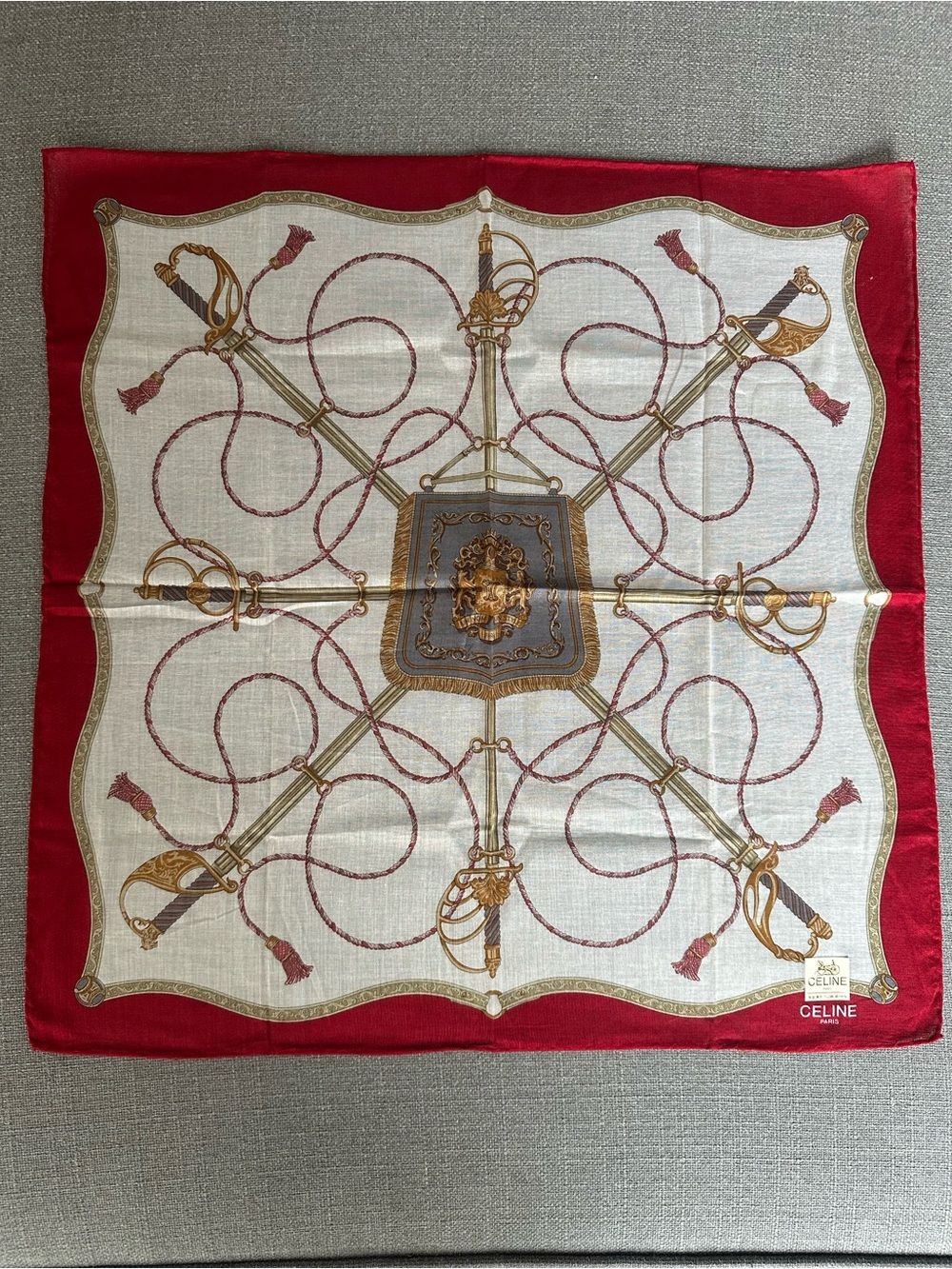 CELINE Red & Cream Silk Scarf with Equestrian Sword Motif